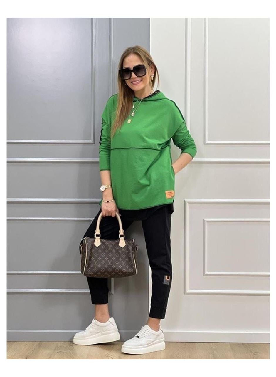 Kadın Yeşil Kapşonlu Etek Ucu Detay Arma Ters Dikiş Gorunumlu Ikili Takım
