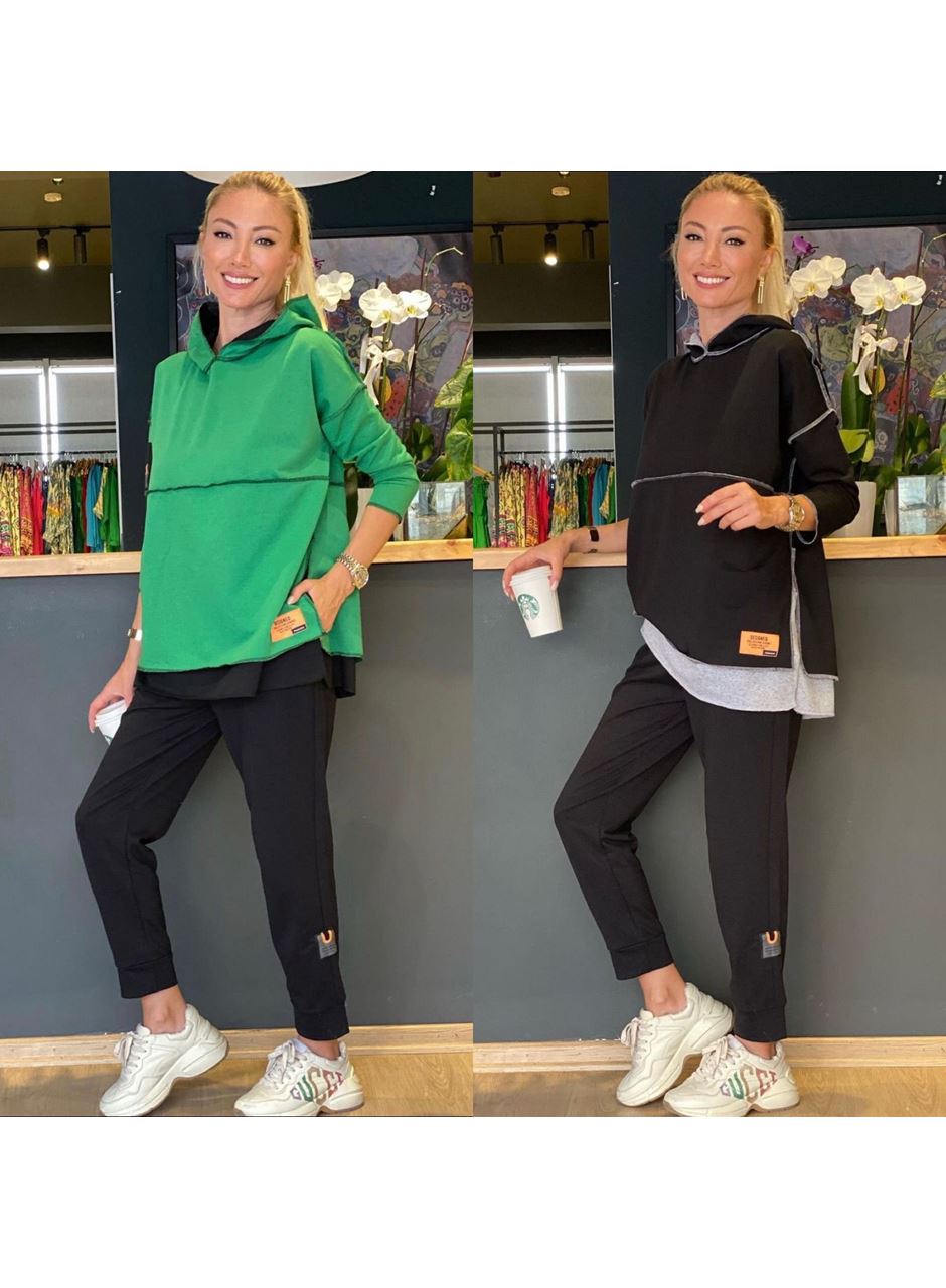 Kadın Yeşil Kapşonlu Etek Ucu Detay Arma Ters Dikiş Gorunumlu Ikili Takım