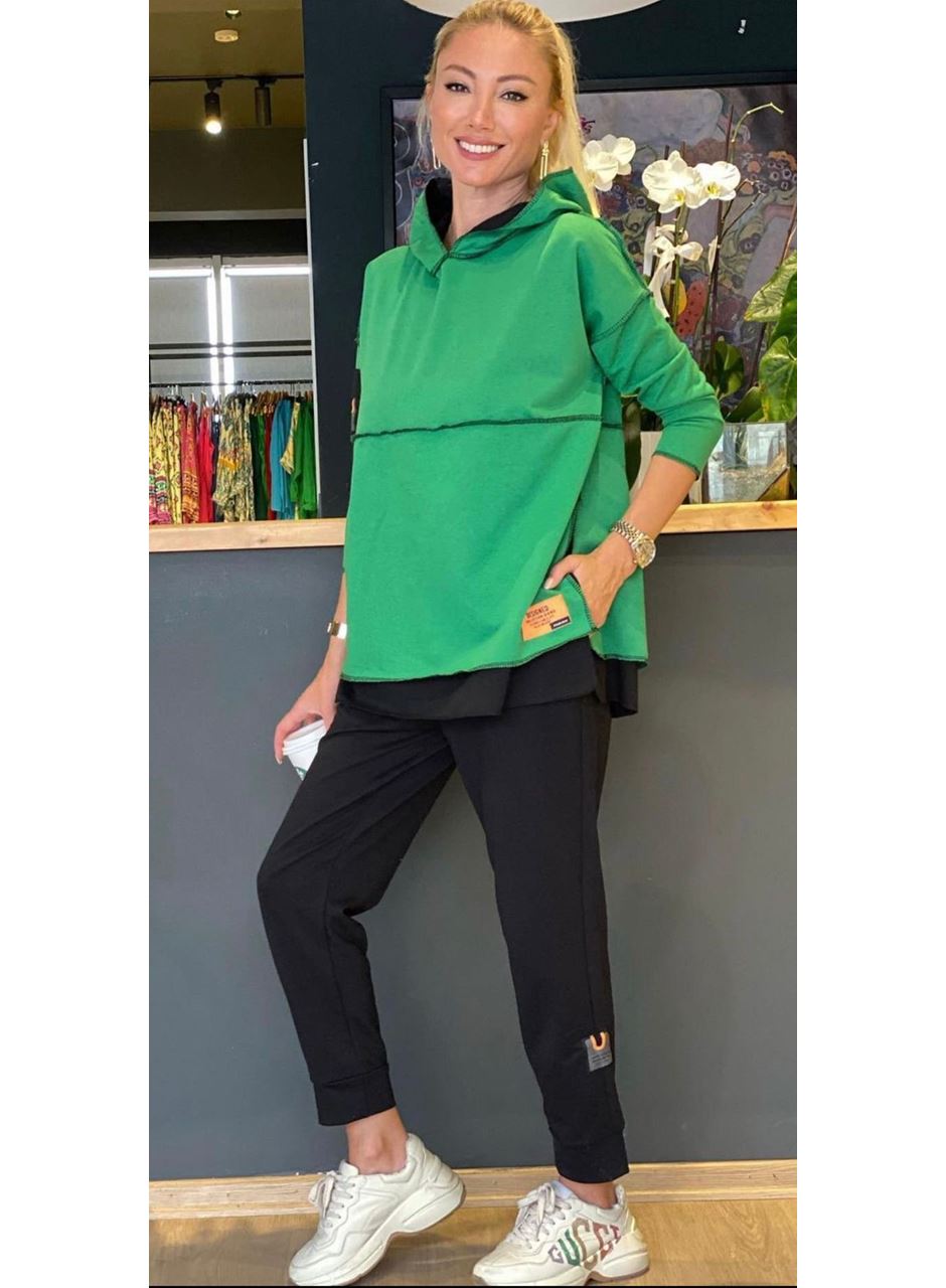 Kadın Yeşil Kapşonlu Etek Ucu Detay Arma Ters Dikiş Gorunumlu Ikili Takım