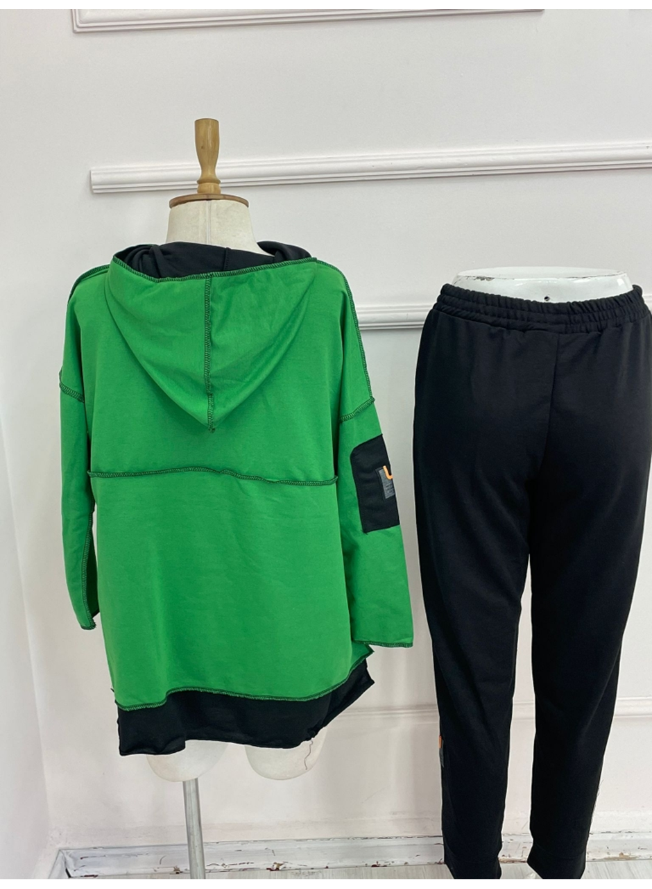 Kadın Yeşil Kapşonlu Etek Ucu Detay Arma Ters Dikiş Gorunumlu Ikili Takım