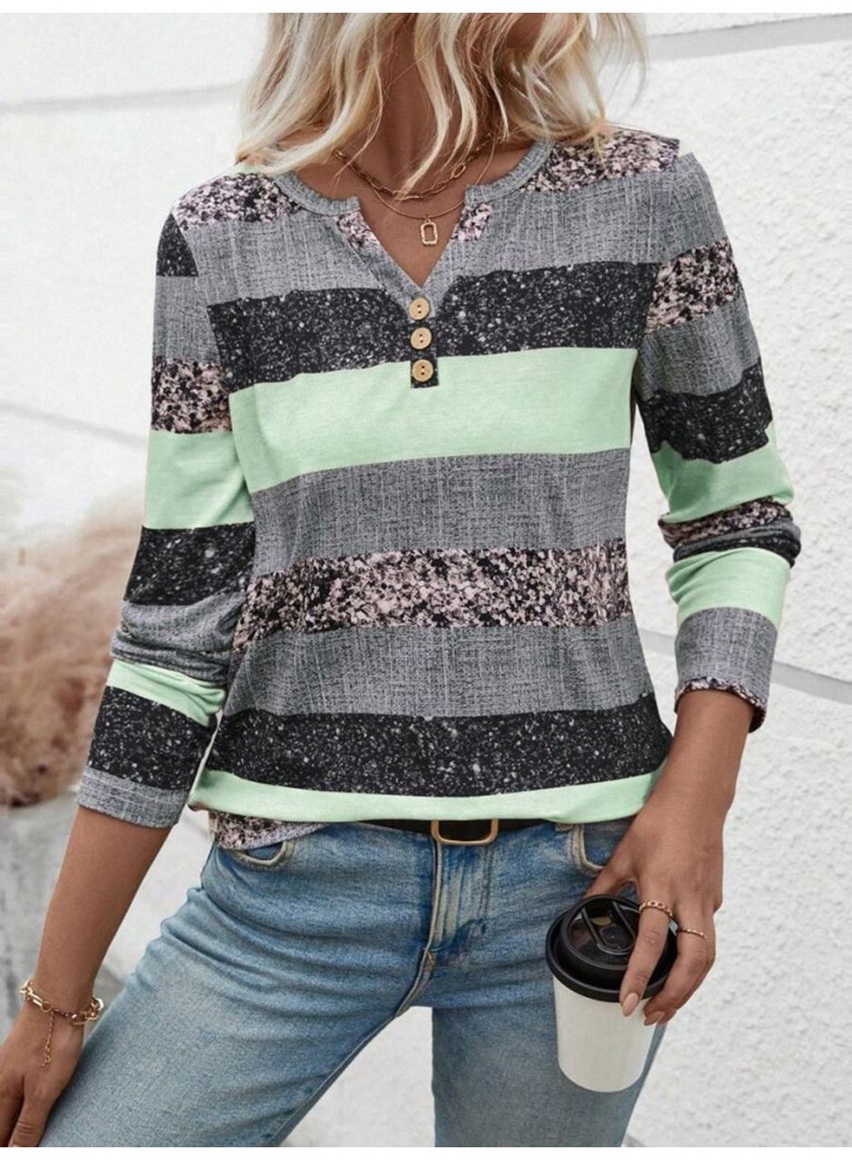 Kadın Uzun Kollu Yakadan Düğmeli çizgili Desenli Süprem Bluz