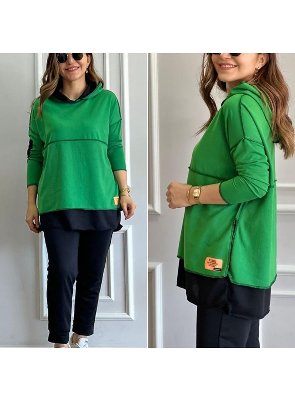 Kadın Yeşil Kapşonlu Etek Ucu Detay Arma Ters Dikiş Gorunumlu Ikili Takım