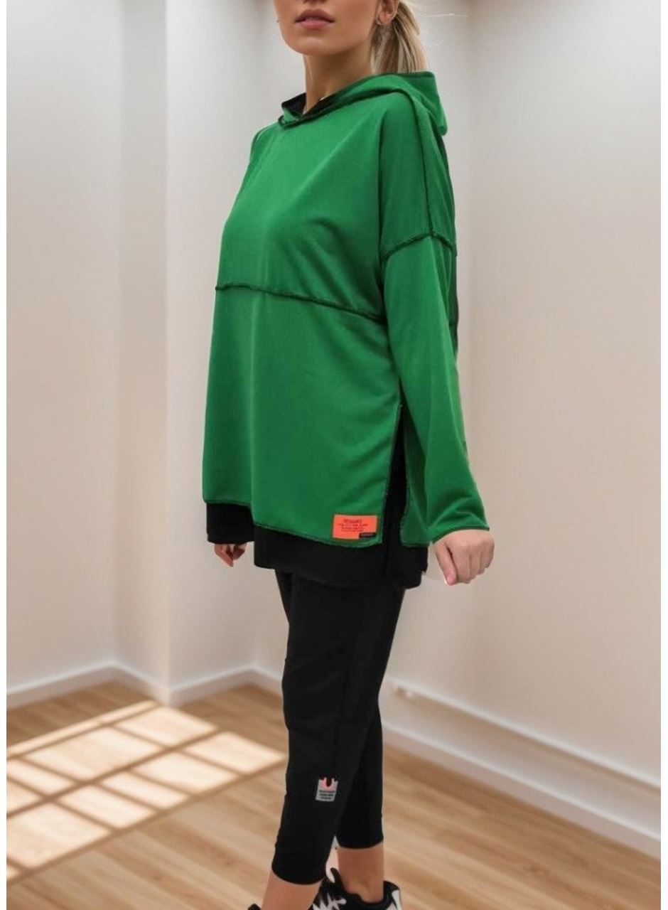 Kadın Yeşil Kapşonlu Etek Ucu Detay Arma Ters Dikiş Gorunumlu Ikili Takım