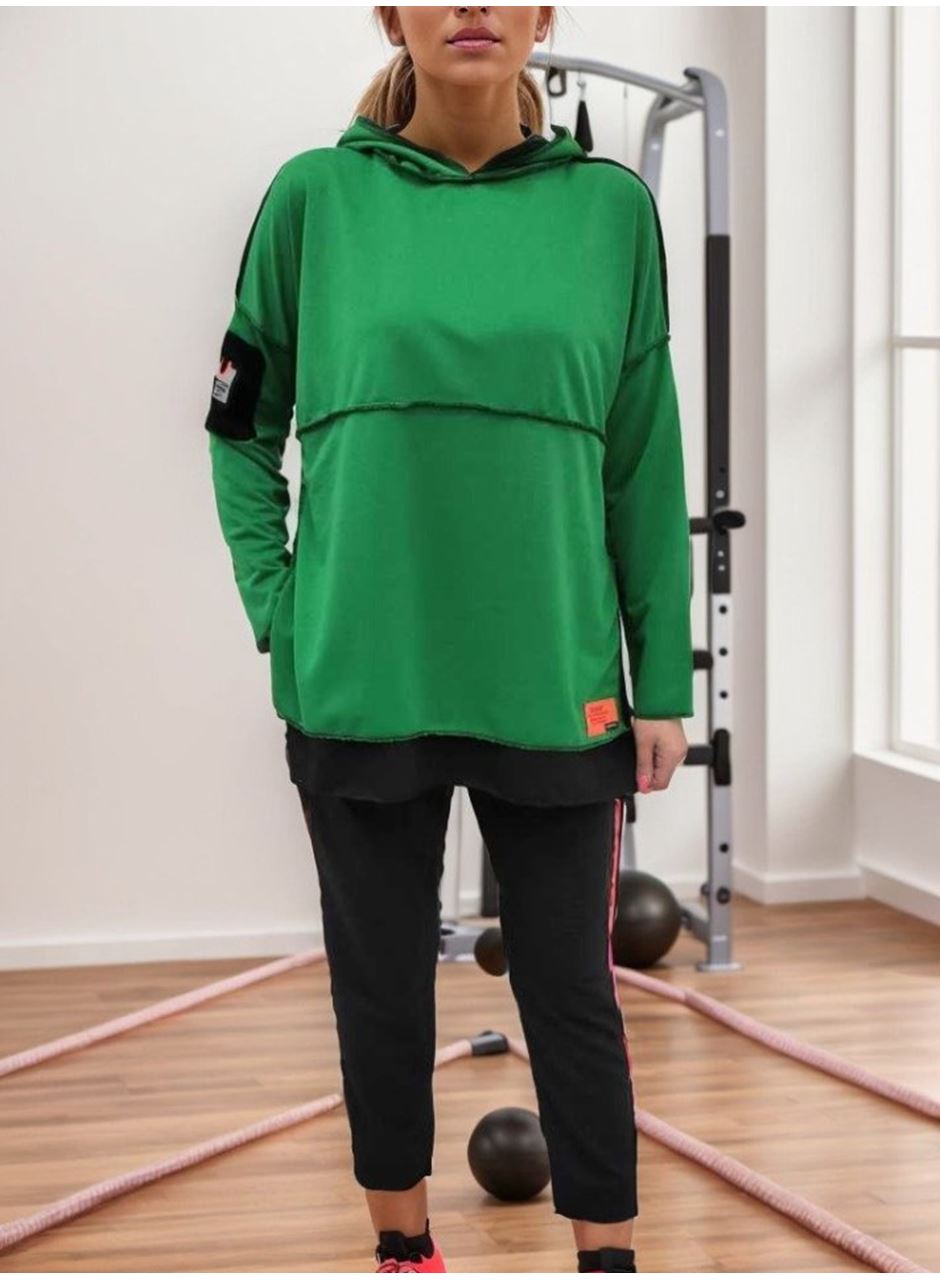 Kadın Yeşil Kapşonlu Etek Ucu Detay Arma Ters Dikiş Gorunumlu Ikili Takım