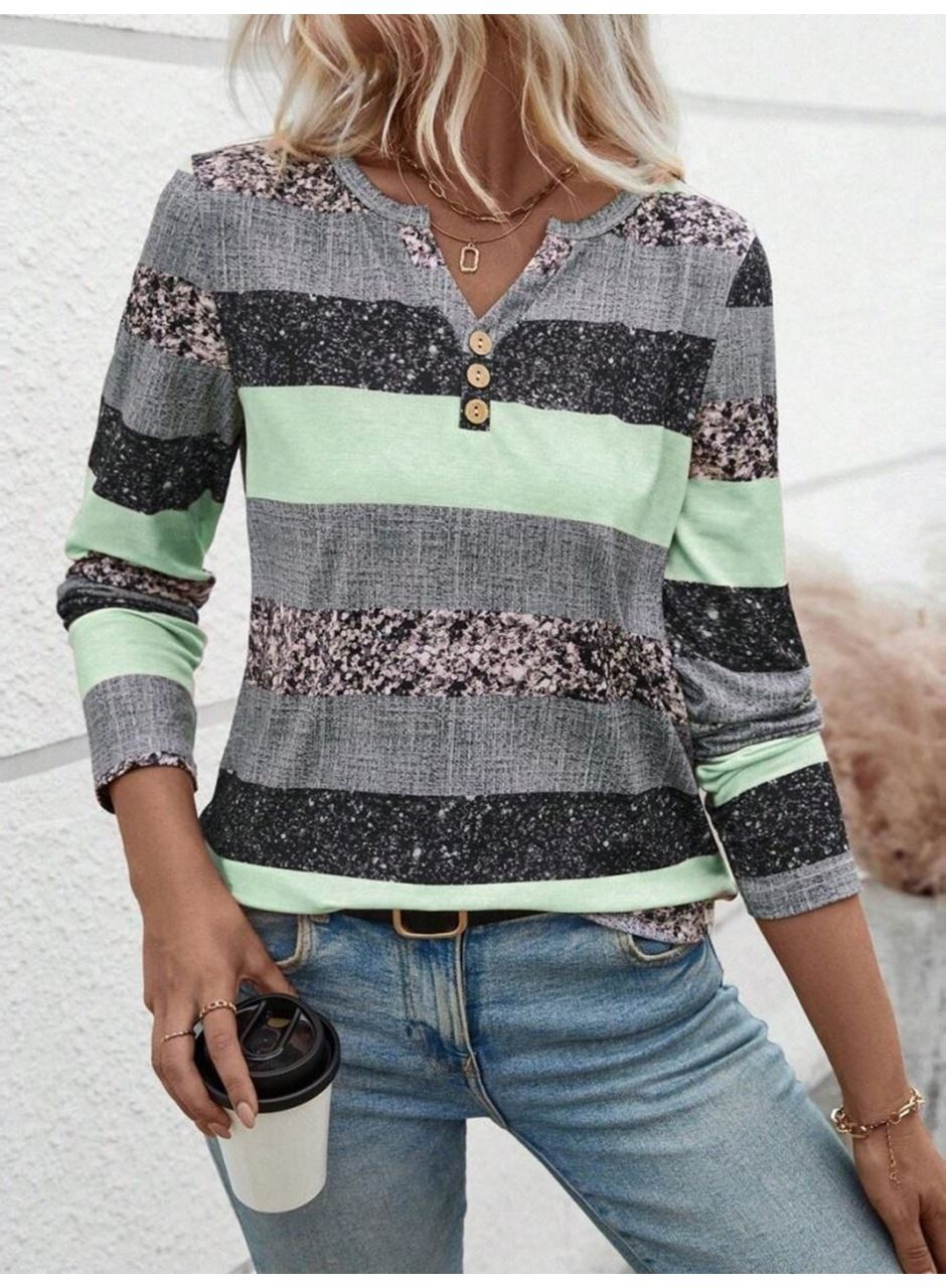 Kadın Uzun Kollu Yakadan Düğmeli çizgili Desenli Süprem Bluz