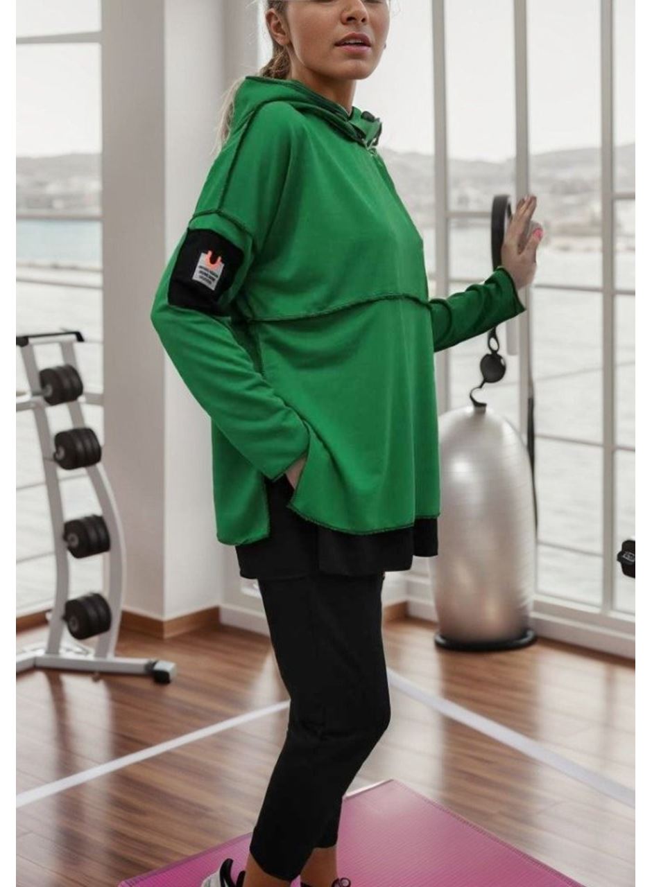 Kadın Yeşil Kapşonlu Etek Ucu Detay Arma Ters Dikiş Gorunumlu Ikili Takım