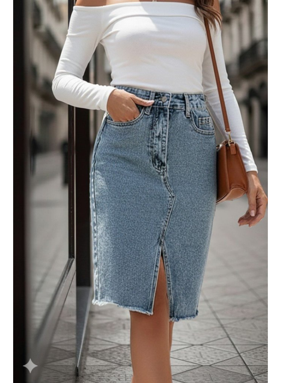 Kadın Elastik Bel Yırtık Kenar Detaylı Kot Etek