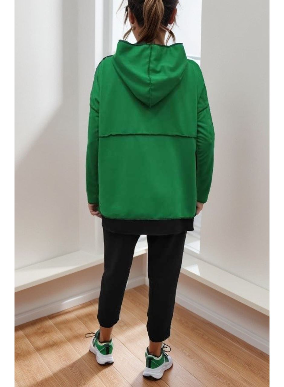 Kadın Yeşil Kapşonlu Etek Ucu Detay Arma Ters Dikiş Gorunumlu Ikili Takım