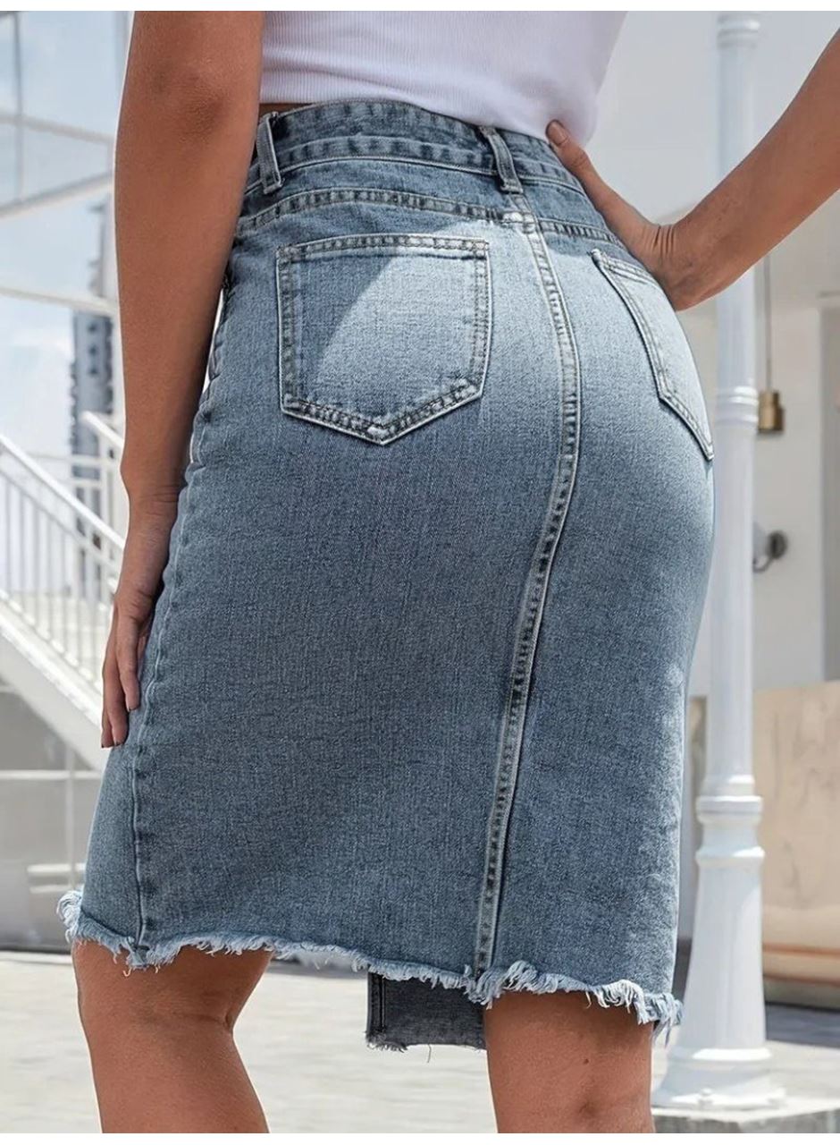 Kadın Elastik Bel Yırtık Kenar Detaylı Kot Etek