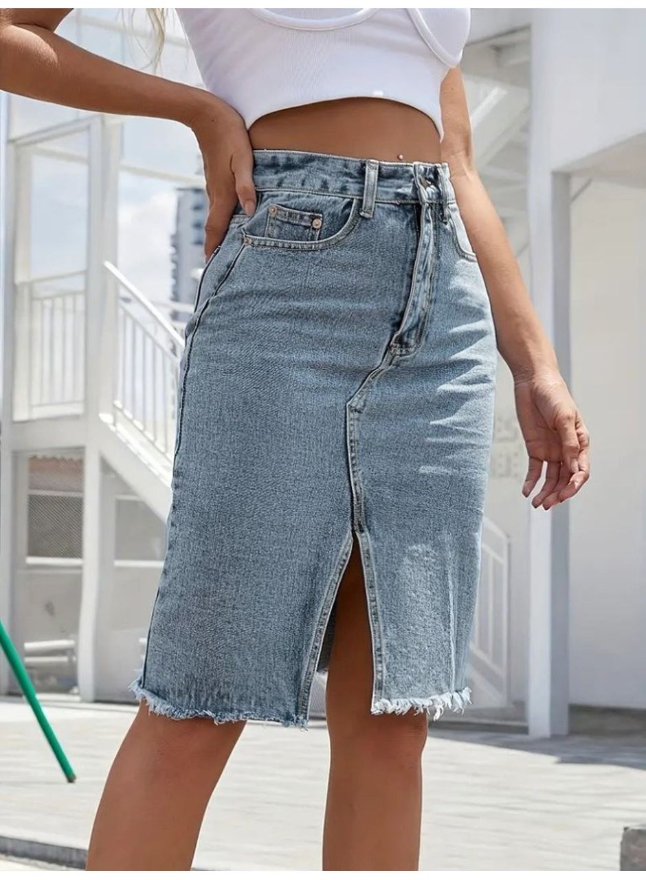 Kadın Elastik Bel Yırtık Kenar Detaylı Kot Etek