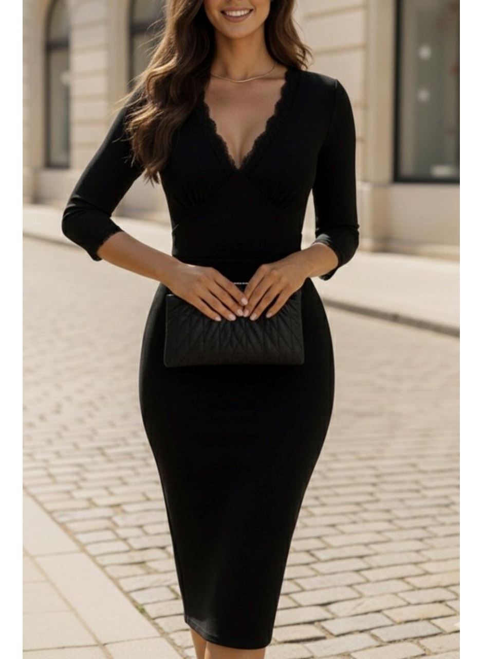 Kadın Fakir Kollu V Yakalı Dantel Detaylı Midi Janjan Krep Elbise