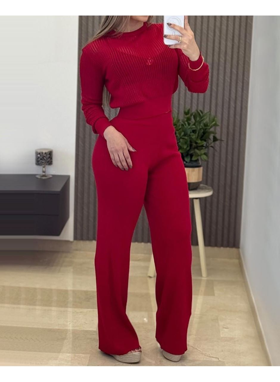 Kadın Uzun Kollu Yuvarlak Yaka Transparan Detaylı Triko Bluz Ve Pantolon Ikili Takım