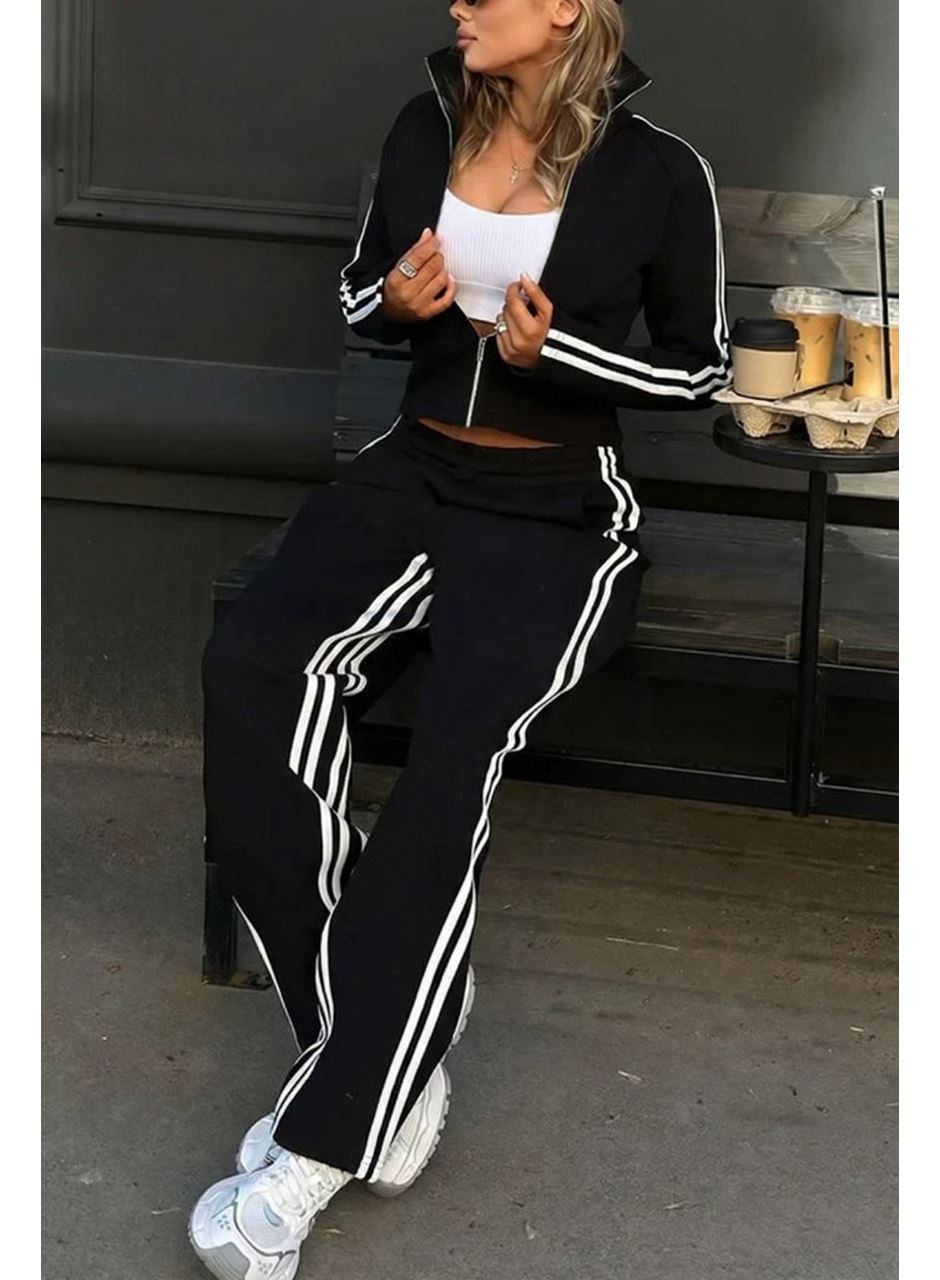 Kadın Uzun Kollu önden Fermuarlı Kısa Viskon Iki Iplik Bluz Ve Pantolon Ikili Takım