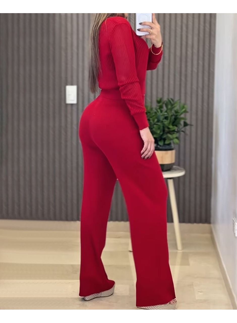 Kadın Uzun Kollu Yuvarlak Yaka Transparan Detaylı Triko Bluz Ve Pantolon Ikili Takım