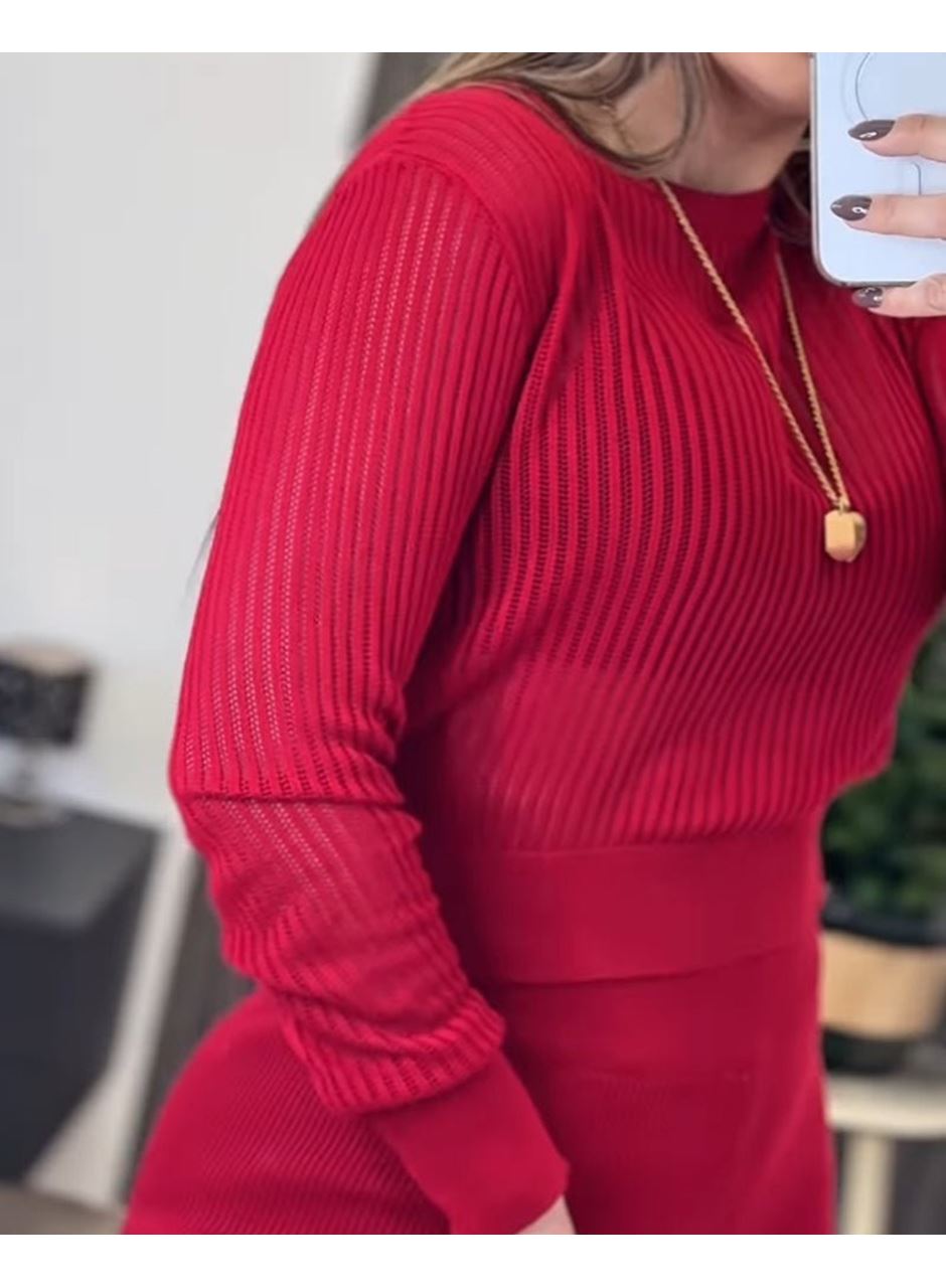 Kadın Uzun Kollu Yuvarlak Yaka Transparan Detaylı Triko Bluz Ve Pantolon Ikili Takım