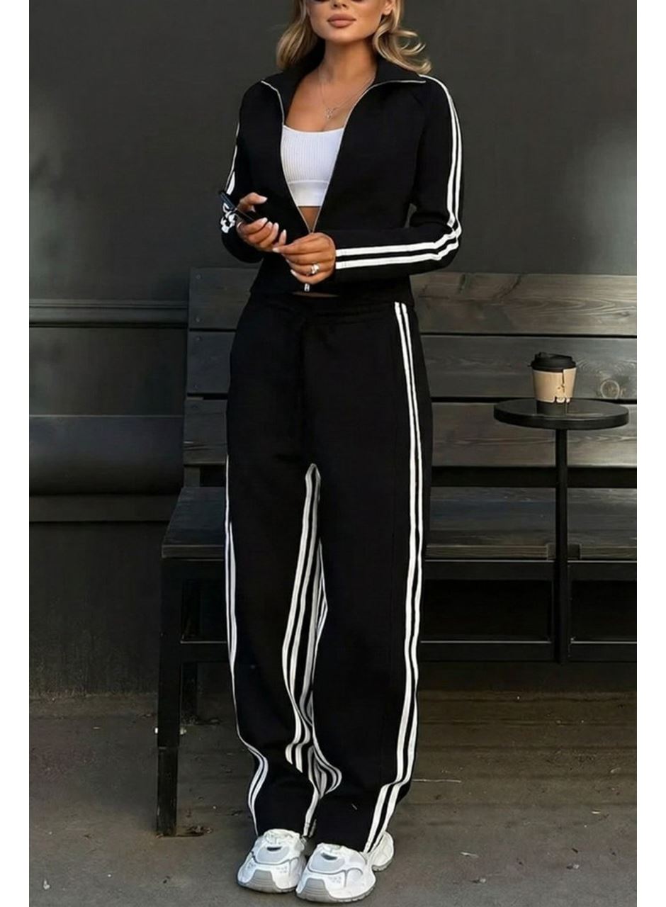 Kadın Uzun Kollu önden Fermuarlı Kısa Viskon Iki Iplik Bluz Ve Pantolon Ikili Takım