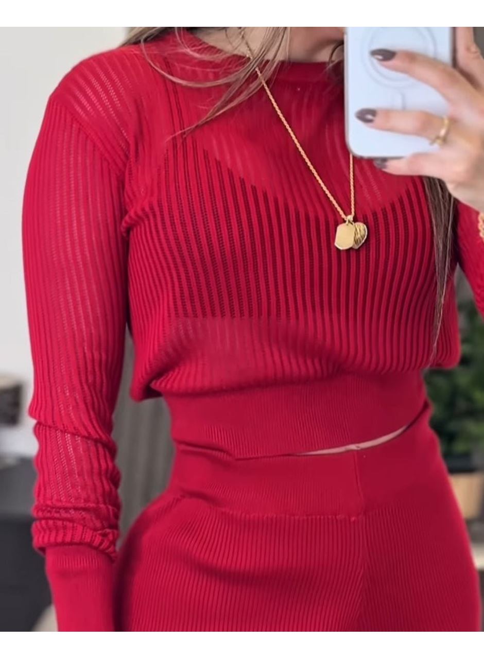 Kadın Uzun Kollu Yuvarlak Yaka Transparan Detaylı Triko Bluz Ve Pantolon Ikili Takım