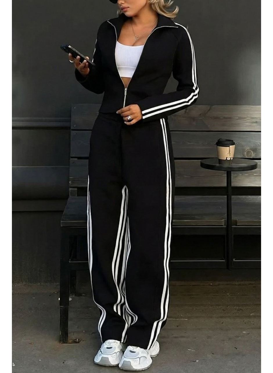 Kadın Uzun Kollu önden Fermuarlı Kısa Viskon Iki Iplik Bluz Ve Pantolon Ikili Takım