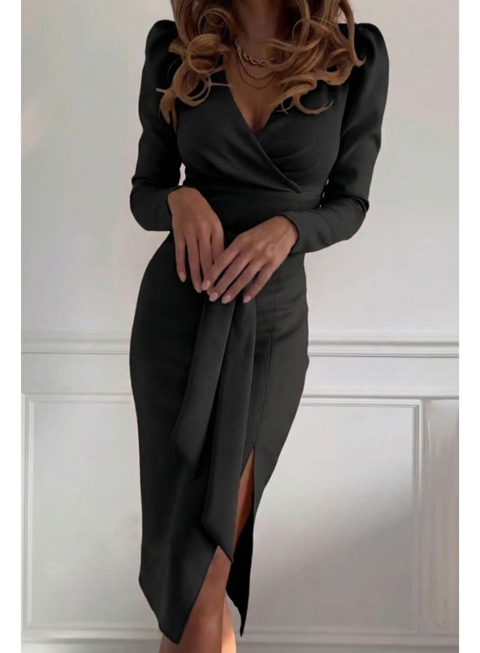 Kadın Uzun Kollu Kruvaze Yakalı Yandan Yırtmaçlı Belden Kuşaklı Midi Ithal Krep Elbise