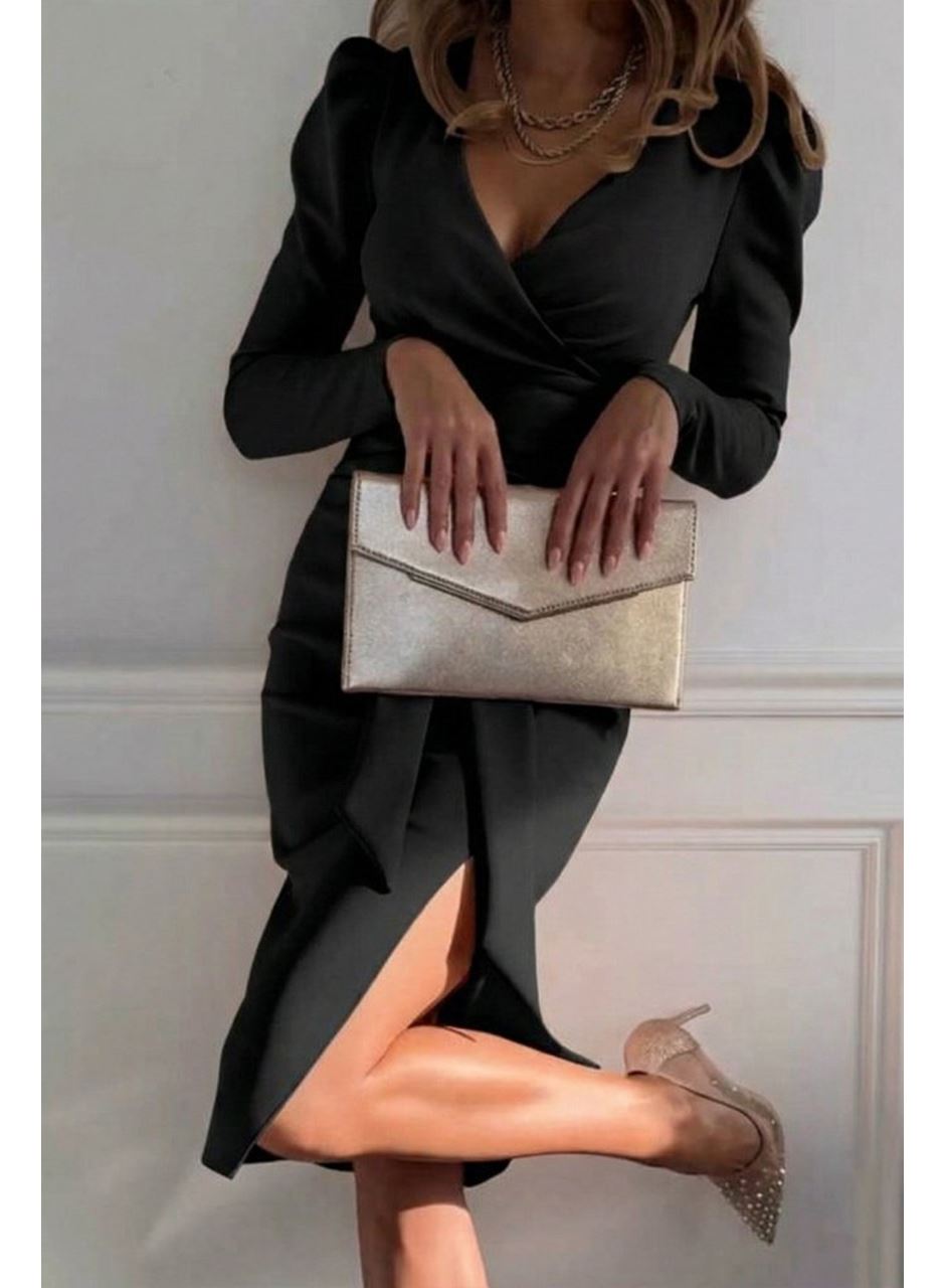 Kadın Uzun Kollu Kruvaze Yakalı Yandan Yırtmaçlı Belden Kuşaklı Midi Ithal Krep Elbise