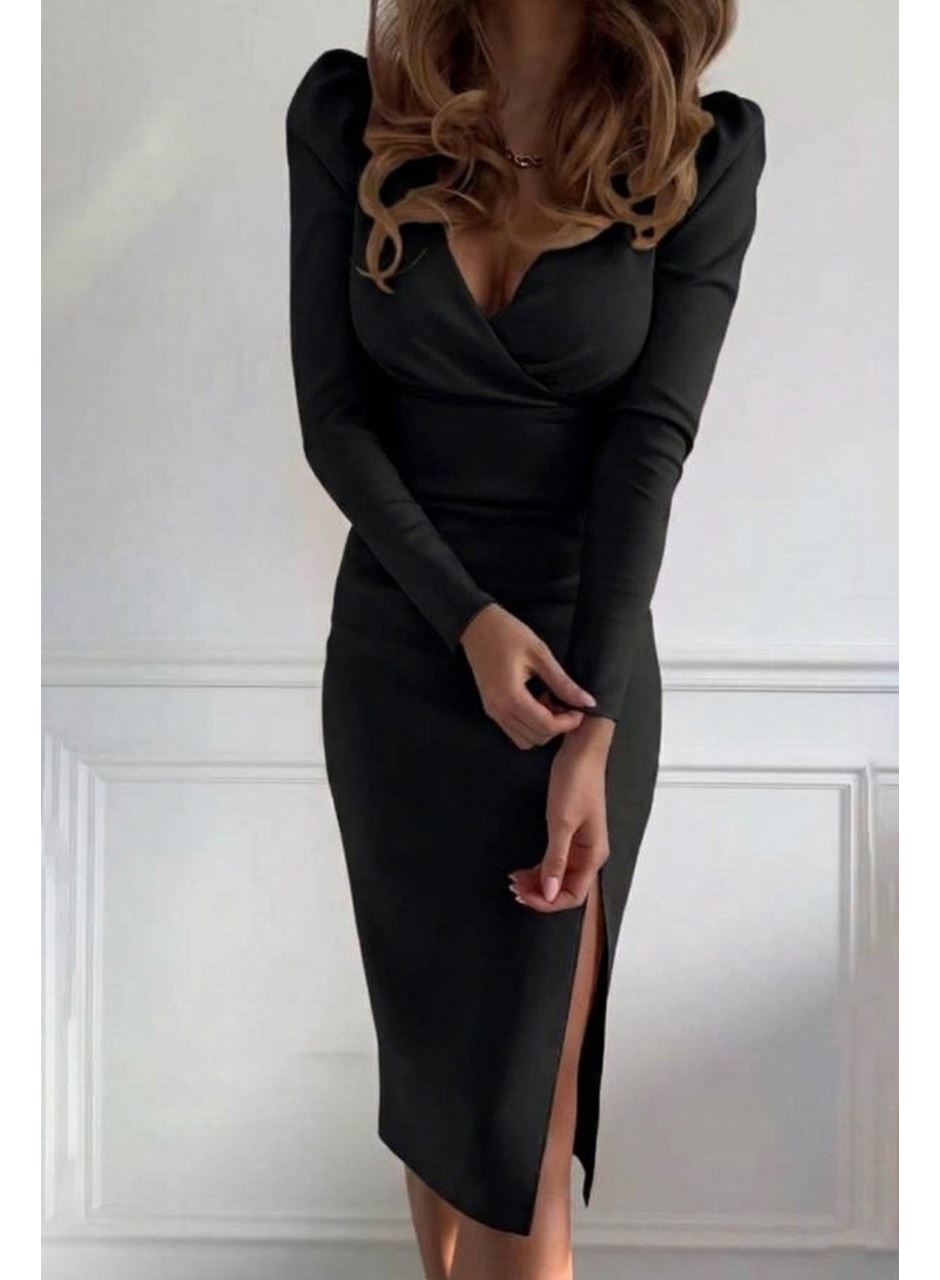 Kadın Uzun Kollu Kruvaze Yakalı Yandan Yırtmaçlı Belden Kuşaklı Midi Ithal Krep Elbise