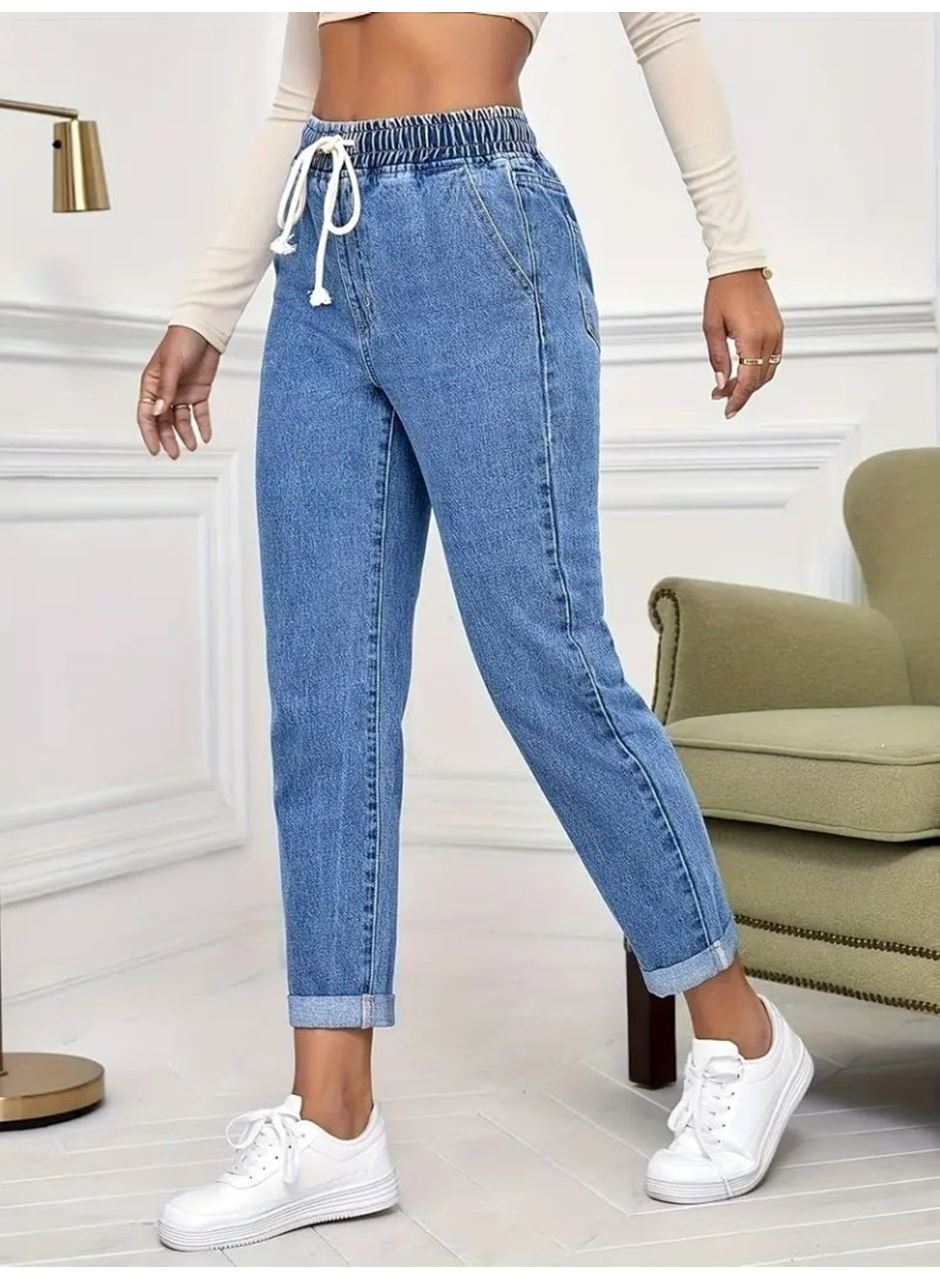 Kadın Yüksek Bel Bağcıklı Kot Pantolon