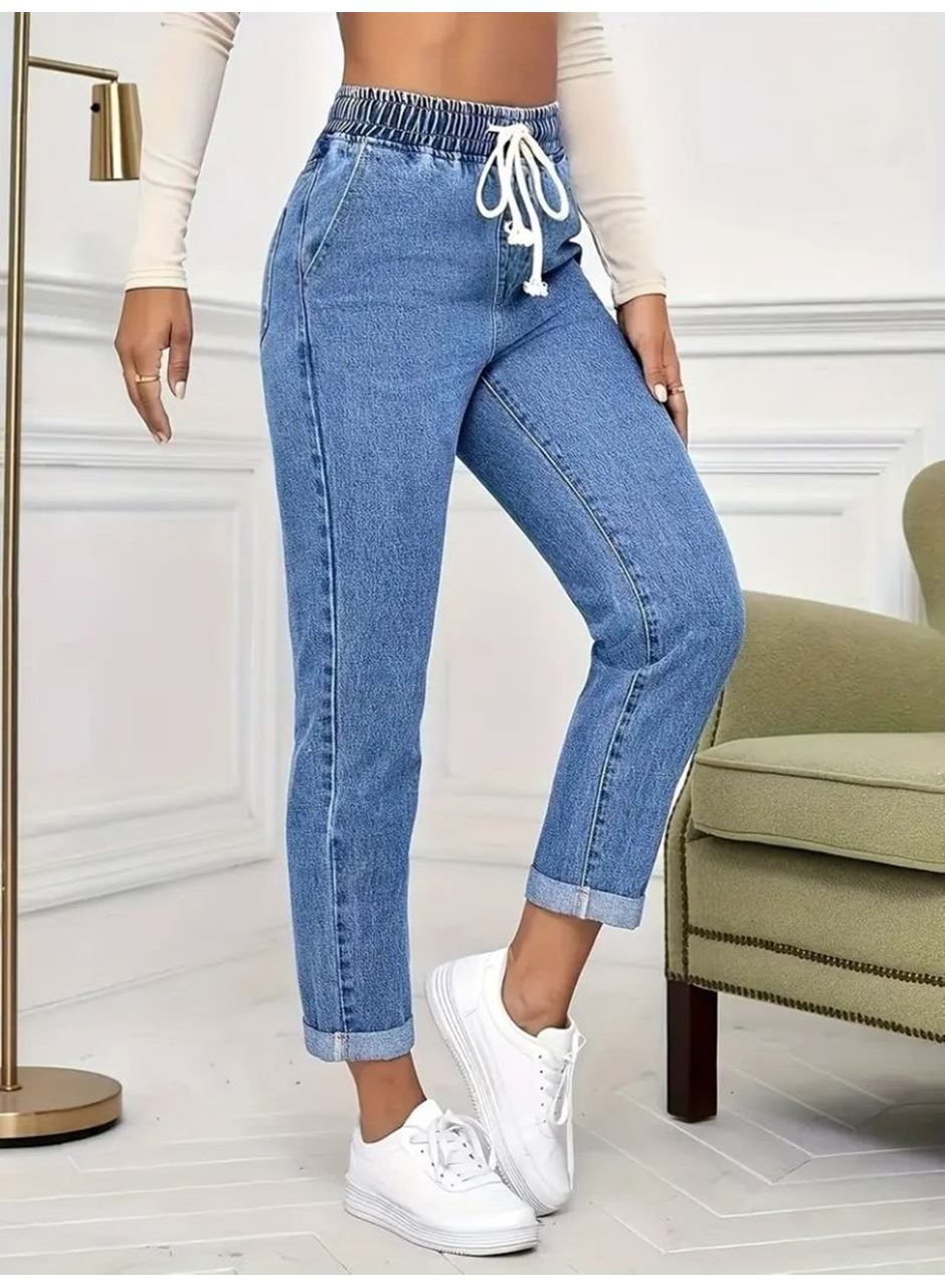 Kadın Yüksek Bel Bağcıklı Kot Pantolon