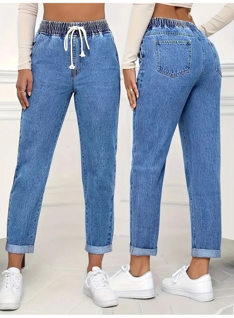 Kadın Yüksek Bel Bağcıklı Kot Pantolon