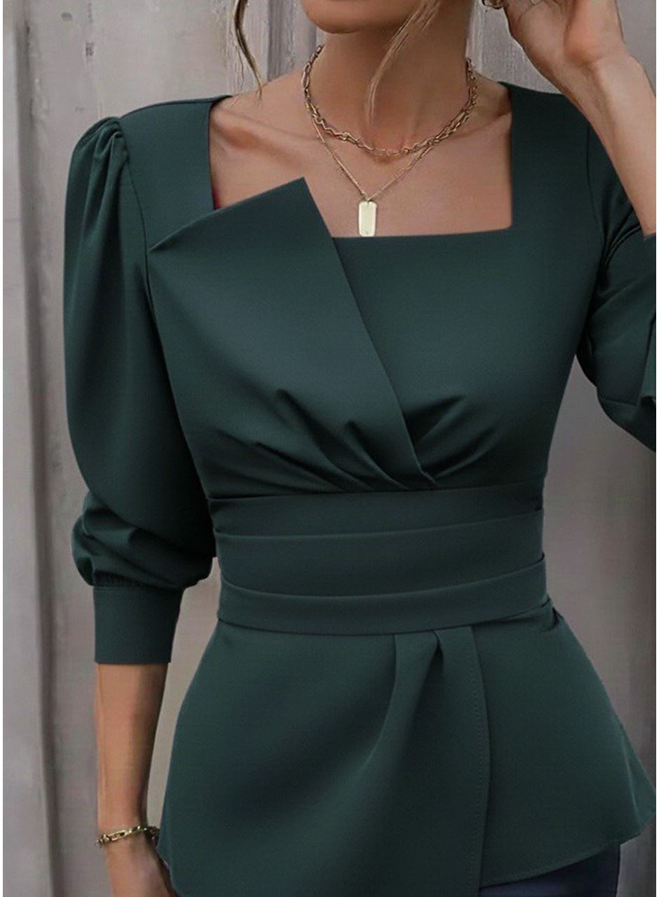 Kadın Uzun Kollu Geometrik Yakalı Belden Oturmalı Ithal Krep Bluz