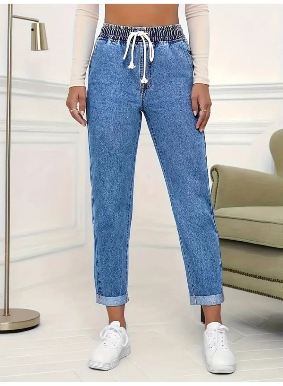 Kadın Yüksek Bel Bağcıklı Kot Pantolon