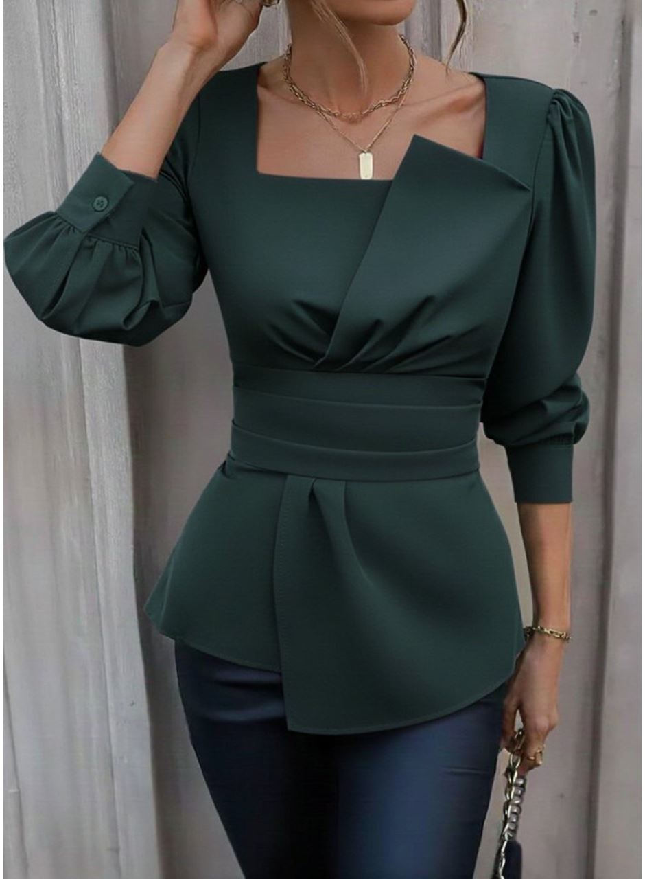 Kadın Uzun Kollu Geometrik Yakalı Belden Oturmalı Ithal Krep Bluz