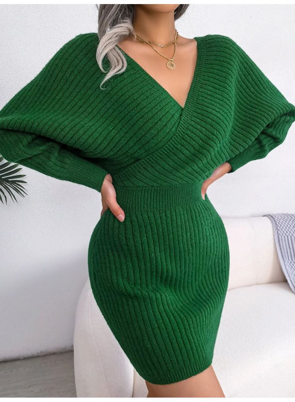 Kadın Uzun Kollu Kruvaze Geniş Yakalı Mini Triko Elbise