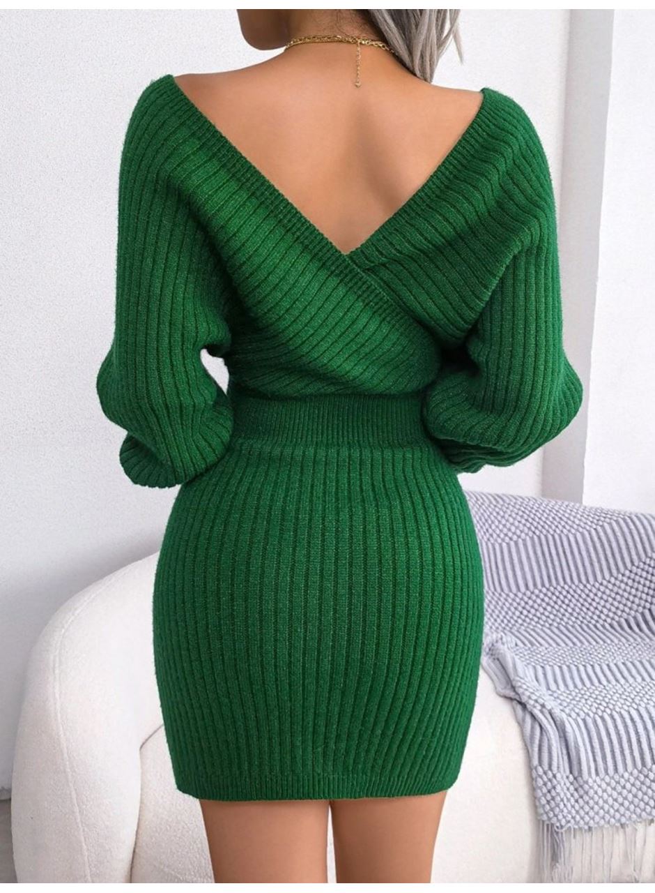 Kadın Uzun Kollu Kruvaze Geniş Yakalı Mini Triko Elbise