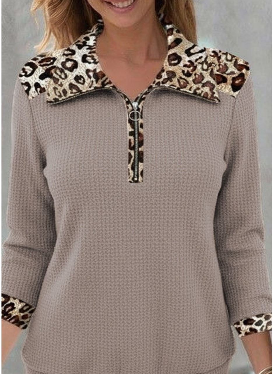 Kadın Uzun Kollu Leopar Yakalı Fermuarlı Waffle Bluz