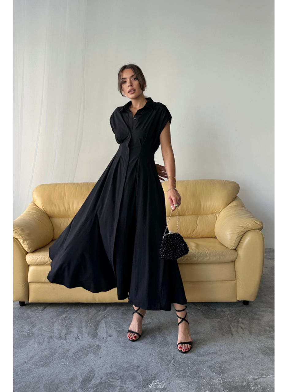 KOLSUZ VATKALI ÖNDEN DÜĞMELİBEL PENS DETAYLI POPLİN ELBİSE - Siyah
