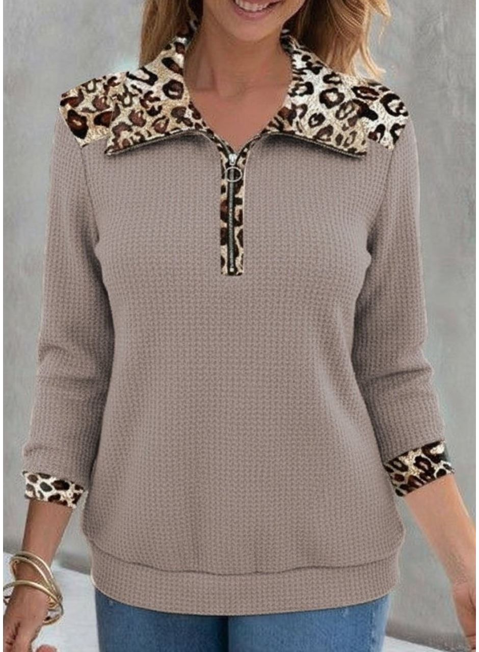Kadın Uzun Kollu Leopar Yakalı Fermuarlı Waffle Bluz