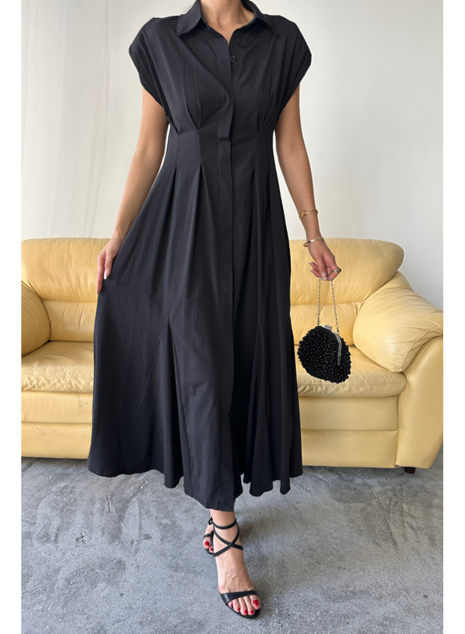 KOLSUZ VATKALI ÖNDEN DÜĞMELİBEL PENS DETAYLI POPLİN ELBİSE - Siyah