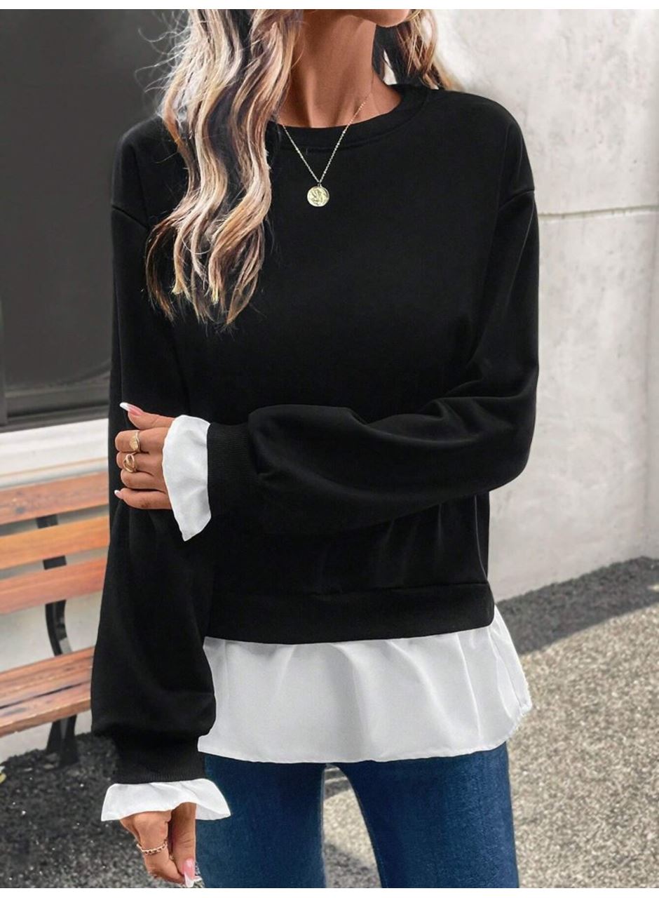 Kadın Uzun Kollu Bisiklet Yaka Viskon Iki Iplik Ve Etek Ucu Trikoton Bluz