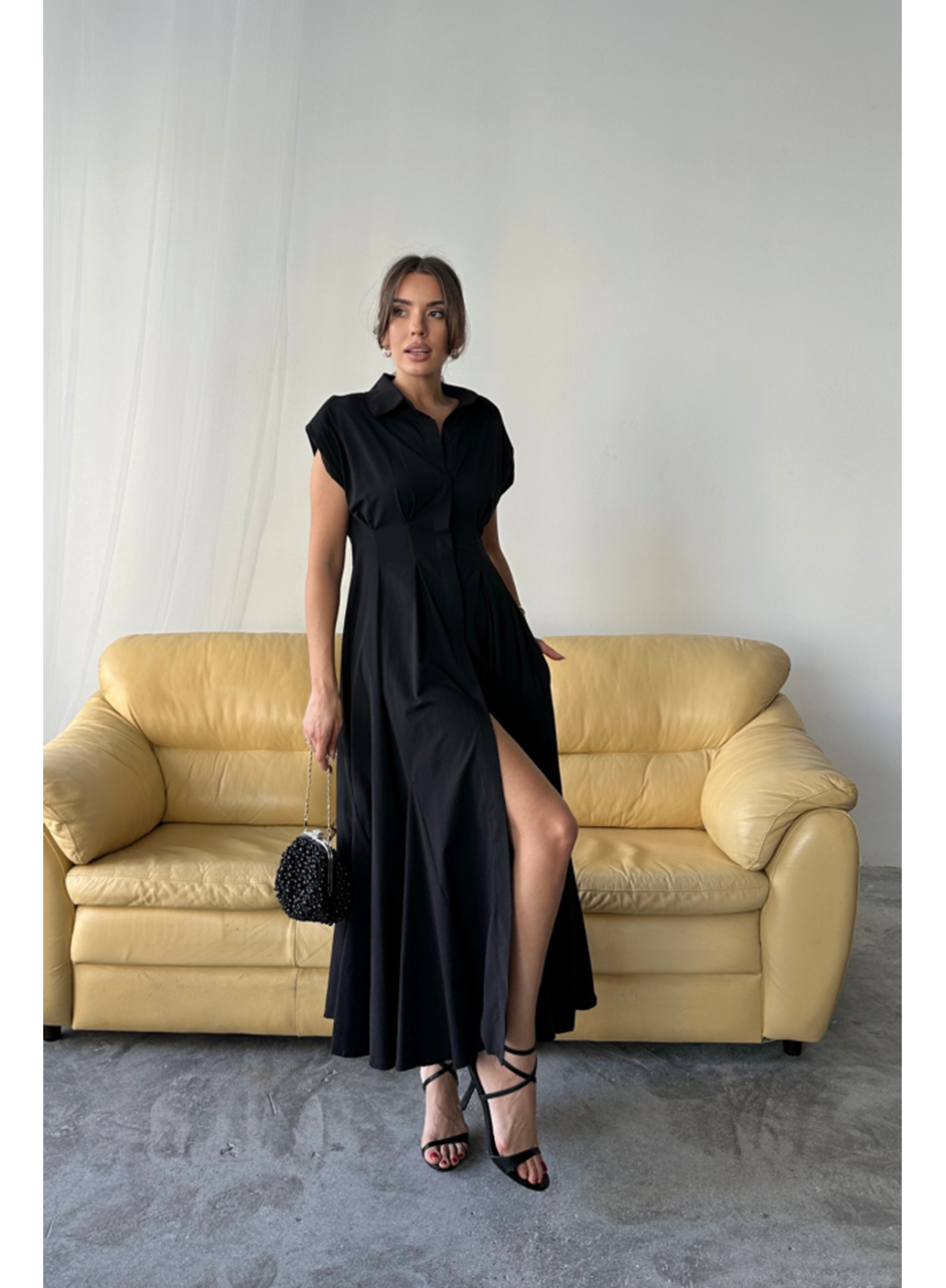 KOLSUZ VATKALI ÖNDEN DÜĞMELİBEL PENS DETAYLI POPLİN ELBİSE - Siyah