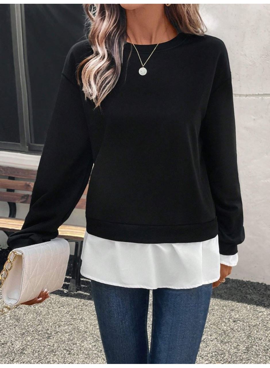 Kadın Uzun Kollu Bisiklet Yaka Viskon Iki Iplik Ve Etek Ucu Trikoton Bluz