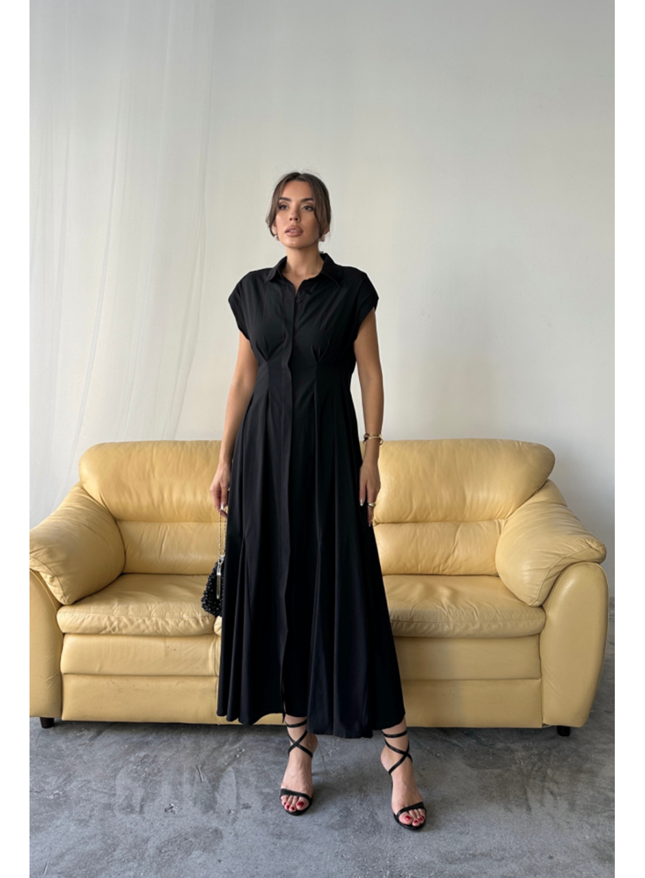 KOLSUZ VATKALI ÖNDEN DÜĞMELİBEL PENS DETAYLI POPLİN ELBİSE - Siyah