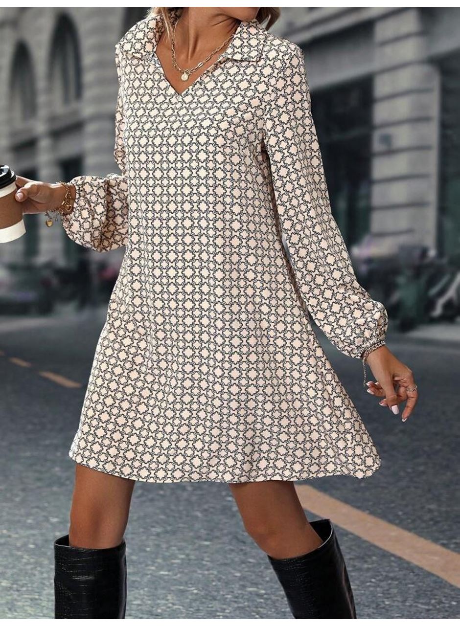 Kadın Uzun Kollu Yakalı Desenli Mini Modal Elbise