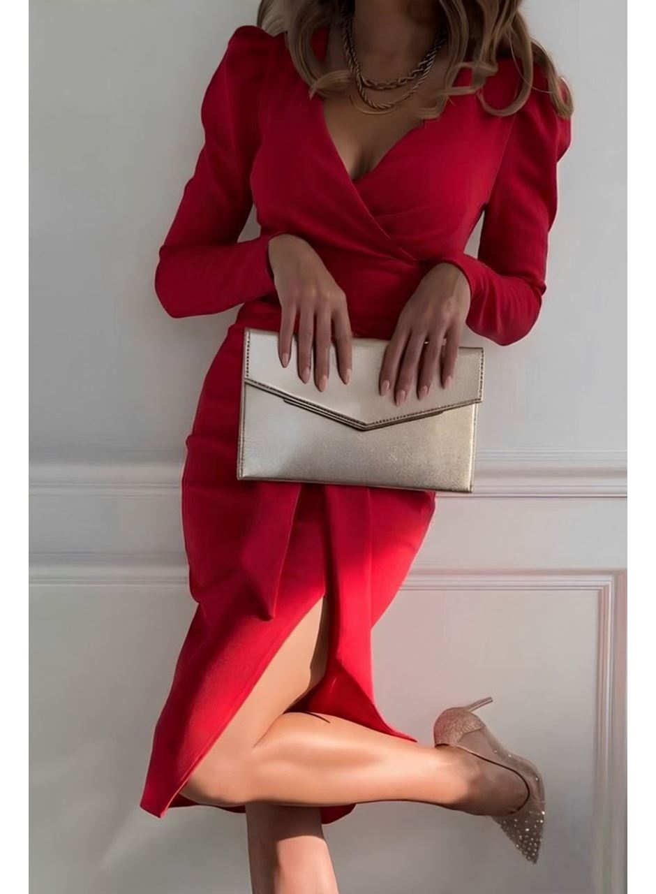 Kadın Uzun Kollu Kruvaze Yakalı Yandan Yırtmaçlı Belden Kuşaklı Midi Ithal Krep Elbise