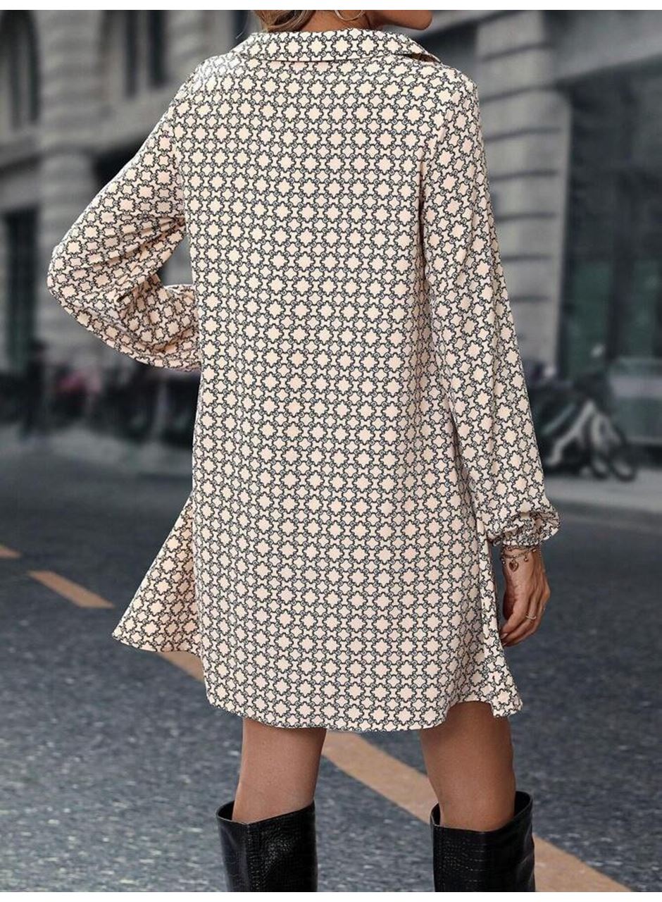 Kadın Uzun Kollu Yakalı Desenli Mini Modal Elbise