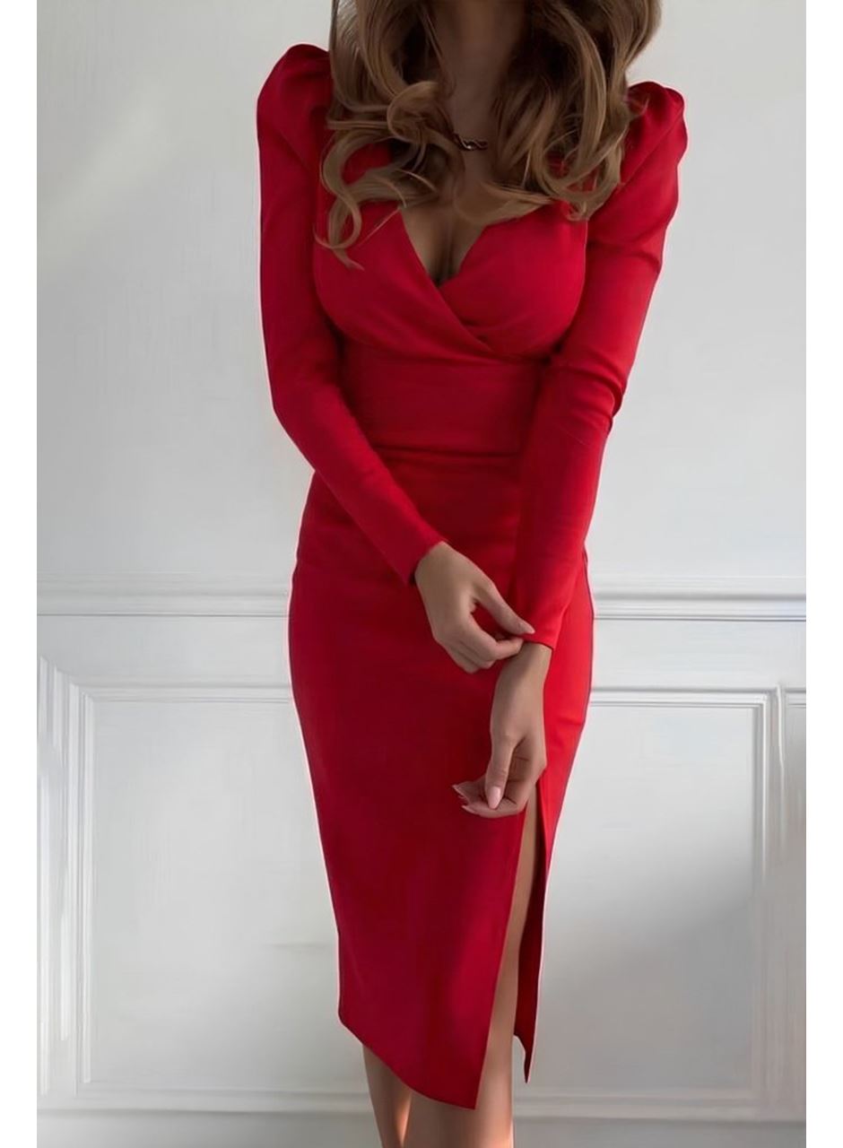 Kadın Uzun Kollu Kruvaze Yakalı Yandan Yırtmaçlı Belden Kuşaklı Midi Ithal Krep Elbise