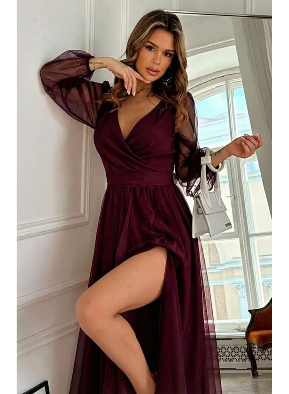 Kadın Uzun Kollu Kruvaze Yakalı Belden Kuşaklı Tüllü Uzun Ithal Krep Elbise