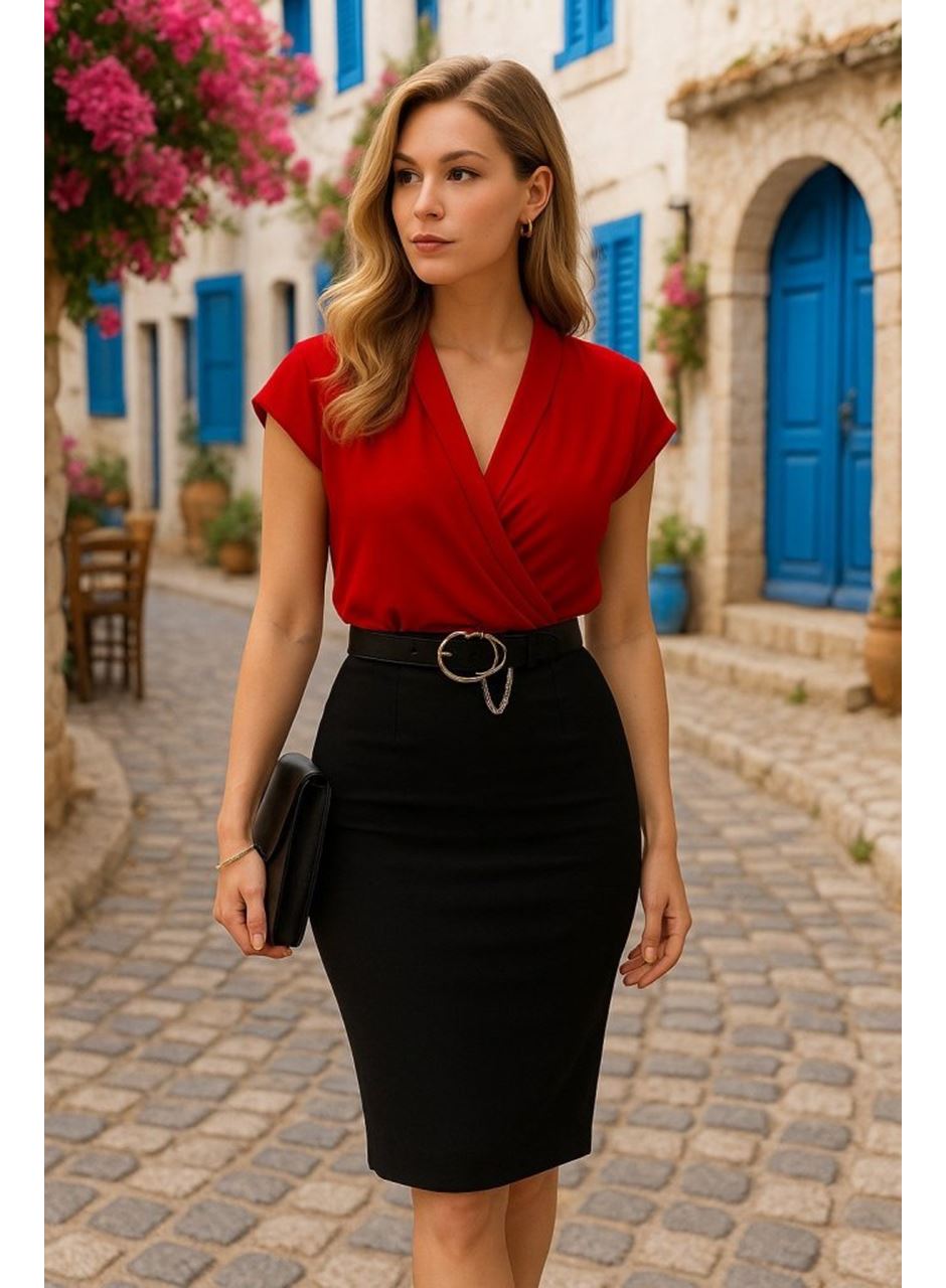 Kadın Kısa Kollu Kruvaze Yaka Krep Elbise (Kemersiz)