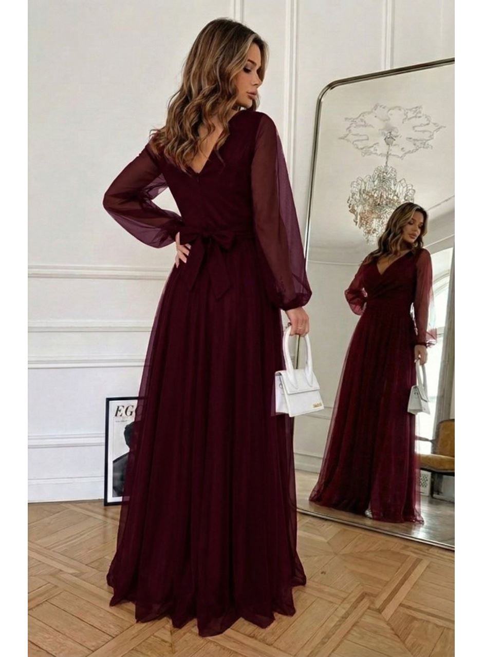 Kadın Uzun Kollu Kruvaze Yakalı Belden Kuşaklı Tüllü Uzun Ithal Krep Elbise