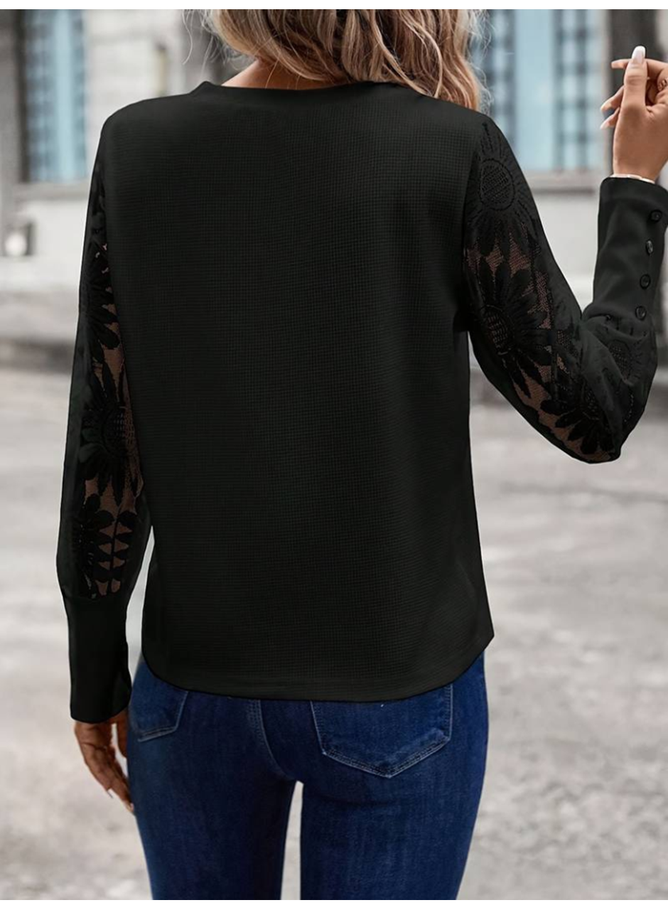 Kadın Uzun Kollu Bisiklet Yaka Kolları çiçekli Waffle Bluz