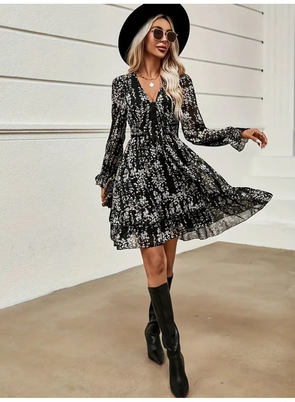 Kadın Uzun Kollu V Yakalı Fırfırlı Ve Bağcıklı şifon Mini Elbise